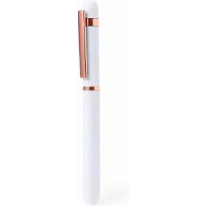 A pen with a white body and rose gold accents, featuring a metal clip and smooth design.