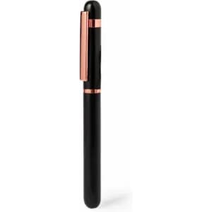 A black pen with a sleek design and rose gold accents. The pen features a clip for easy attachment.