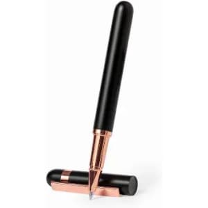 A pen with a black body and rose gold accents, positioned upright with its cap on the base.