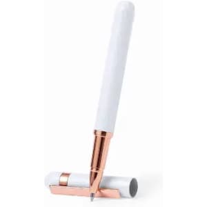 A white pen with rose gold accents, positioned upright next to its cap.