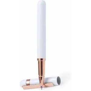 A pen with a white barrel and rose gold accents, positioned upright next to its matching cap.