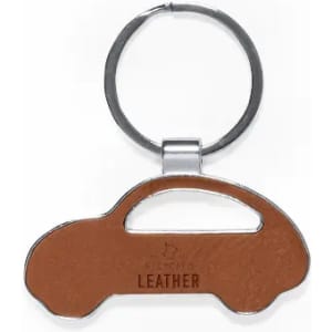 A car-shaped keyring made from brown leather with a silver metal ring for attachment.