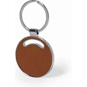 A round keychain with a brown surface and a metal ring attachment. Features a sleek, polished finish.