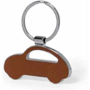 A key ring in the shape of a car, featuring a brown leather body and a metallic silver ring.