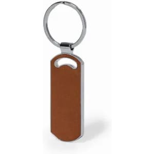 A keyring featuring a brown leather insert and a shiny metal frame, designed for attaching keys.