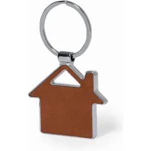 A keyring shaped like a house, featuring a brown finish with a metallic silver ring.