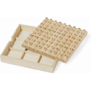 A wooden Sudoku game set with layered pieces, featuring numerous small numbered tiles in a grid layout.