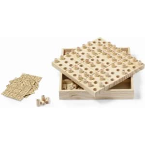 A wooden Sudoku game set featuring a base with holes, numbered pieces, and a lid, all in a natural wood finish.