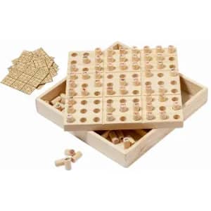 A wooden Sudoku game set featuring numbered pegs, a grid board, and several game cards, all in a storage box.