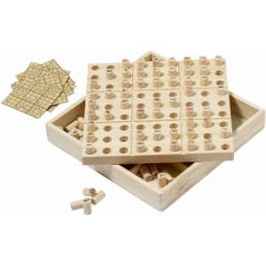 A wooden Sudoku game set featuring a square board with holes, pegs, and paper puzzle sheets.