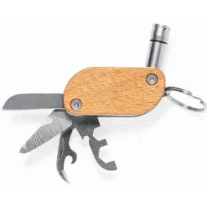 A multi-tool featuring a wooden handle, knife blade, screwdriver, and bottle opener. It has a keyring attachment.