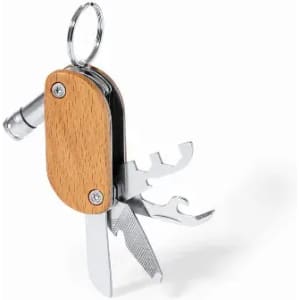 A multi-tool featuring a wooden handle, metal tools including a knife, screwdriver, and a keyring attachment.