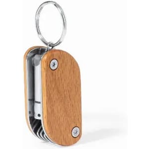 A keychain multi-tool featuring wooden and metallic elements, with a stainless steel finish and a simple design.