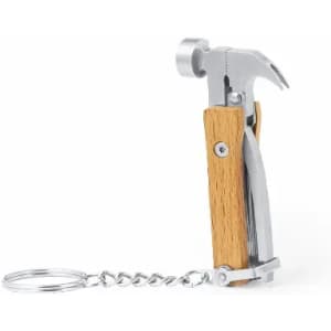 A mini hammer tool with a wooden handle and silver metal body, attached to a chain keyring.