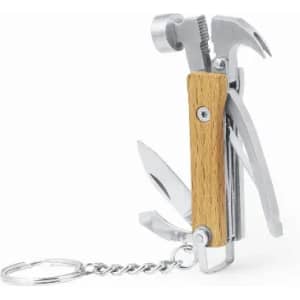 A multi-tool with a wooden handle and silver metal components, featuring a hammer, pliers, and various blades on a keychain.