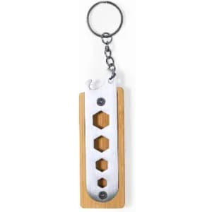 A keyring bottle opener with a bamboo and metal design featuring hexagonal cutouts.