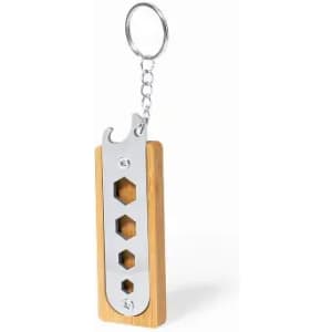 A keychain bottle opener with a stainless steel head and a bamboo handle, featuring multiple hexagonal cutouts.