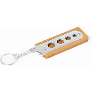 A keychain bottle opener made of wood and stainless steel with multiple hexagon-shaped openings.