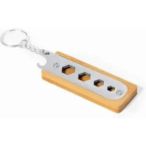 A bottle opener keychain with a wooden handle and a shiny metal structure featuring hexagonal shapes.