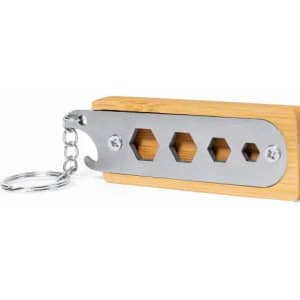 A bamboo keychain tool featuring a stainless steel hook and multiple hexagonal cutouts.
