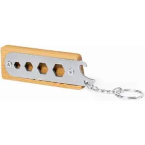 A multi-tool keychain featuring a bamboo handle and a silver metal component with hexagonal cutouts.