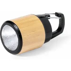 A flashlight with a bamboo body and black accents, featuring a carabiner for easy attachment.