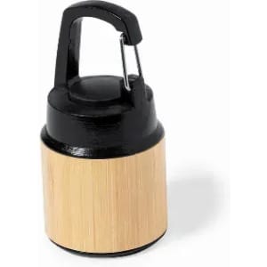 A drink bottle featuring a bamboo-textured body and a black top with a clip for easy carrying.