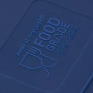 A blue food storage container features a logo indicating it's made from recycled PP and is food grade quality certified.