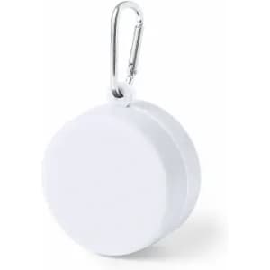 A white circular clip-on product with a silver carabiner. It features a smooth, solid surface.