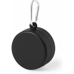 A round, black promotional product with a metal carabiner attached.