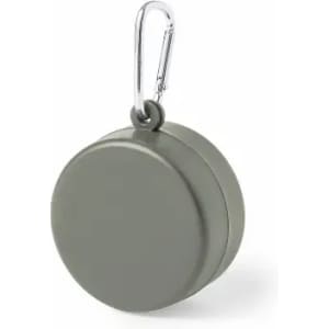 A grey round keyring with a metal carabiner attached.