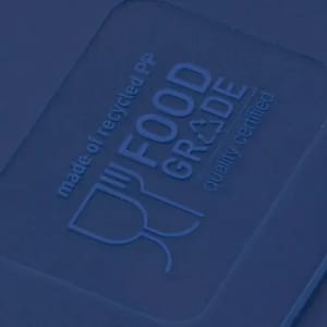 A blue promotional product with a textured surface featuring a logo and "food grade" certification text.