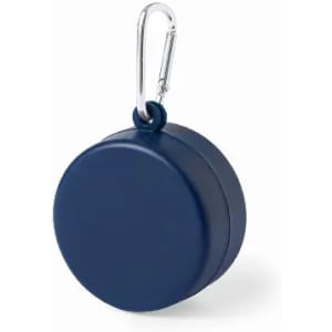 A drink bottle cap in navy blue with a silver carabiner for easy attachment. Features a round design and branding.