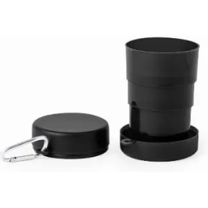 A black collapsible drink bottle with a lid and a carabiner attached. It features a cylindrical design.