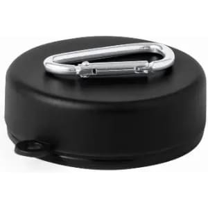 A black drink bottle cap with a silver carabiner attached. The cap has a smooth finish and a simple design.