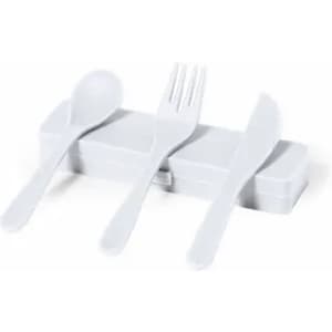 A set of white plastic cutlery including a spoon, fork, and knife, housed in a matching case.