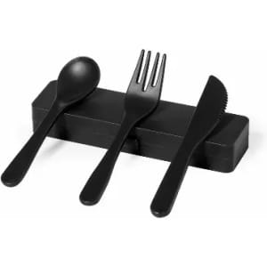 A set of black cutlery including a spoon, fork, and knife, displayed on a black holder.