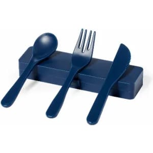 A set of navy blue reusable utensils including a spoon, fork, and knife, stored in a matching case.