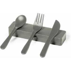 A grey utensil set featuring a spoon, fork, knife, and a matching case.