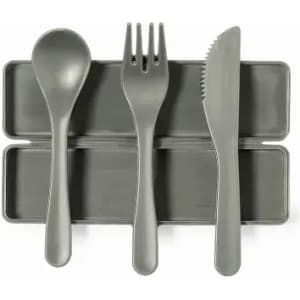 A grey cutlery set featuring a spoon, fork, and knife, stored in a matching case.