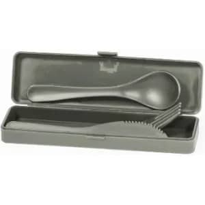 A grey cutlery set in a fitted case, including a spoon and a knife with a fork.