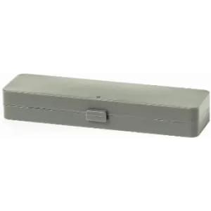 A grey rectangular storage box with a clasp closure. The box is smooth and has no visible branding.