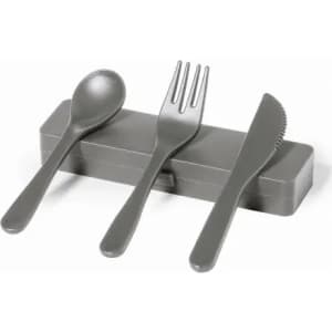 A portable cutlery set featuring a spoon, fork, and knife, all in grey, housed in a matching case.