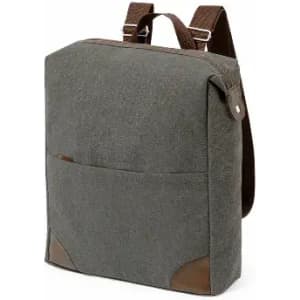 A grey fabric backpack with brown leather accents and adjustable straps. Features a front pocket for storage.