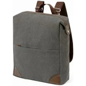 A backpack in grey fabric with brown leather accents and adjustable straps. It features a front pocket and a simple design.