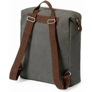 A grey backpack with brown straps and a zip closure, featuring a minimalist design and a logo on the front.