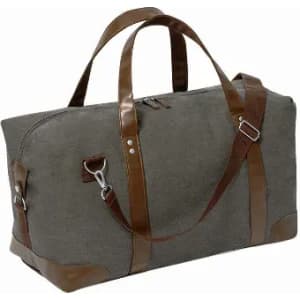 A stylish grey duffle bag with brown leather handles and accents, featuring a zip closure.