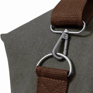 A grey bag with a brown strap and a silver clip for attachment. The fabric appears durable and textured.