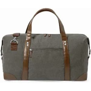 A duffel bag in grey fabric with brown leather accents and handles, featuring a front zip pocket.