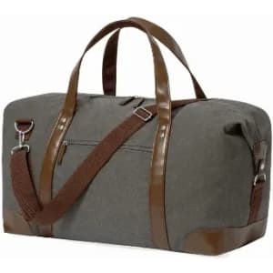 A grey duffel bag with brown leather accents and adjustable shoulder straps. Features a zippered pocket on the side.